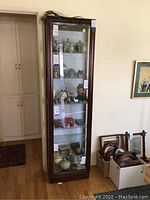 Full view of the tall lighted curio cabinet filled with collectibles, solid wood with glass front and shelves.