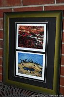 Full view of the framed and matted artwork showing both prints arranged vertically against a brick background.