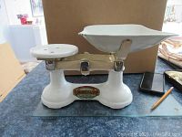 Front view of entire white enamelled cast iron scale showing rectangular tray, round platform and base with F. Quiney & Son decal.