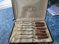 Set of six Stagmaster steak knives laid out in cream satin-lined box showing knives and handles.