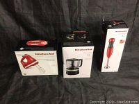 Three KitchenAid appliance boxes: Hand Mixer, Food Chopper, Hand Blender