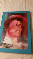 Front cover of the David Bowie book showing a colorful portrait of Bowie in theatrical makeup with Teal border.