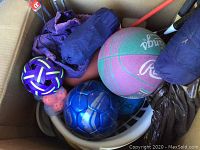 Balls, including basketball, soccer ball, woven purple-and-white ball, and football visible in a basket.