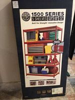 Boxed 1500 Series shelving unit packaging showing 5 shelves and product dimensions.
