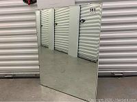 Front view of large rectangular beveled edge mirror leaning against a storage door in a storage unit.