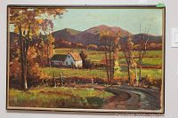 Full view of framed oil painting showing rural landscape with a white house, winding road, trees, and mountains.