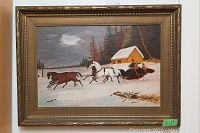 Full view of the framed oil on board painting showing horses pulling a sleigh in winter with cabin in background.