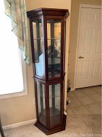 Full view of the tall, narrow glass curio cabinet with a dark wooden frame and glass door and panels. Cabinet stands on the floor near a wall and window.