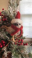 Close-up of decorative bird ornament wearing Santa hat and scarf, perched on faux pine branch with pine cones and red berries.