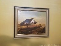 Full view of the framed 20x16 original oil painting showing the country home and fence.