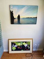 Overview showing both paintings in placement by wall and floor