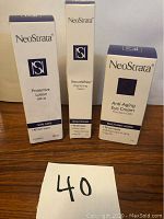Three boxed NeoStrata skincare products: Protective Lotion SPF 45, SecureWhite Brightening Cream, Anti-Aging Eye Cream.