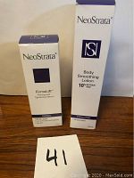 Two boxed NeoStrata products displayed side by side: Firmalift Firming and Tightening Serum and Body Smoothing Lotion 10% Glycolic Acid.