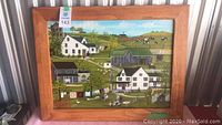 Full view of framed painting showing farm landscape