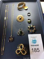 Full lot overview showing two necklaces, four brooches, two rings, and one expandable bracelet locket on a black tray.