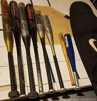 Twelve baseball bats and two bags shown, bats of various brands and conditions, two carrying bags including a black Nike bag and a colorful blue/pink bag.