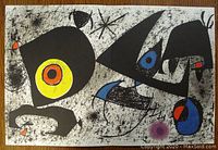 Abstract lithograph with black shapes and colorful circles on textured gray background