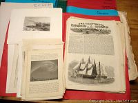 Photo of a large pile of loose illustrated pages, visible headline from The Illustrated London News, showing detailed historic ship illustration.