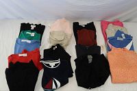 Full view of 12 women's sweaters in various colors folded and laid out on white background.