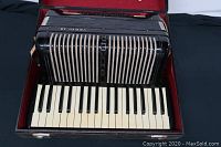 Front view showing keyboard and accordion with case background