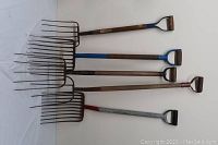 Full view of five hay rakes or mulch forks laid sideways on a white surface with the handles showing D-grips in red, blue, and brown.