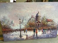 Full view of oil painting depicting Paris street scene with domed building and pedestrians