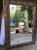 Full view of large rectangular wall mirror reflecting outdoor scene and showing ornate gold-toned frame with floral and scroll designs.