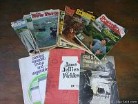 Group photo showing four copies of "The New Farm" magazines and several "Organic Gardening" magazines along with two government publications on canning and preserving, plus "Old Settler's Remedies" booklet.