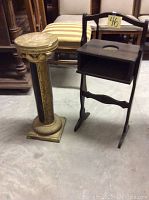 Photo showing both the walnut smoker table and decorative plaster plant column side by side.