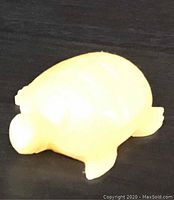 Photo of a small frosted crystal turtle figurine on a dark surface with even lighting showing shape and texture.