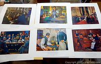 Five pharmacy history prints laid out showing scenes from old apothecaries, laboratories, pharmacists in action, people in period dress.