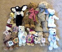 Full view of all Boyd Bears and plush animals laid out on carpet showing variety, tags, and condition