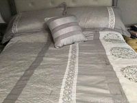 Queen comforter set with beige/light taupe color and embroidered medallion designs on bed with matching pillows.