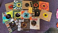 Group of 13 vinyl records in sleeves laid out on a carpet, covering 33 1/3 and 45 RPM records by various artists including Elvis Presley and more