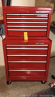 Front view of two-piece red Craftsman tool chest