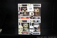Four POPS! vinyl figures in original packaging arranged in two rows. Top row: Timon from The Lion King and Erend from Horizon Forbidden West (#258). Bottom row: Sticky Note Man from Office Space (#774) and Combat Assault Tank Trooper from Star Wars (#184) with 2017 Summer Convention Exclusive sticker.