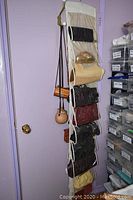 Various purses hanging in a fabric organizer on a door, showing different colors and styles.