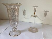 Photo from front showing Murano glass vase and candelabra with gold floral and vine details.