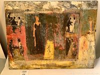 Front view of the mixed media artwork showing overall composition featuring human figures and textured abstract background.