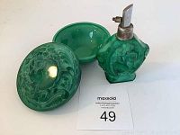 Powder box and perfume bottle shown side by side on white background with auction lot card.