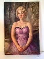 Full view of the oil painting showcasing the woman in a pink dress with visible texture and color details.