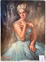 Full view of the oil painting showing the seated woman in a pale blue dress against a neutral background. The painting is signed in red in the lower left corner.