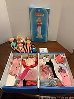 Photo showing five vintage dolls including Barbie's Skipper and Midge, and the sealed Skipper paper doll in packaging with the open case holding clothes and accessories.