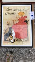 Full view of framed French vintage print depicting a girl in red dress feeding cats, with two other cats nearby.