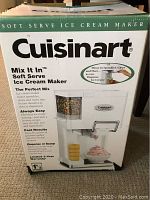 Boxed Cuisinart Soft Serve Ice Cream Maker front showing features and branding