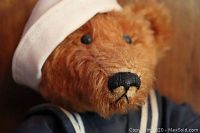 Close-up of teddy bear head showing hand-stitched nose, blown glass eyes and hat brim