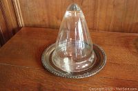 Glass cloche placed on silver tray showing overall size and appearance.