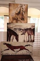 Stacked horse art pieces showing the single signed metal horse on top, three horses on canvas below, and single horse canvas below that.