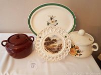 Photo showing full lot with platter, bean pot, soup tureen, and decorative plate on white surface