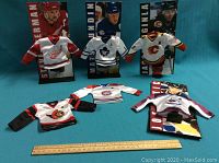 Group photo of five NHL mini jerseys with player cards and ruler for scale on blue backdrop